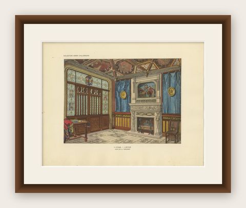 Medieval Revival Office Interior with Monumental Fireplace, c.1900, shown framed