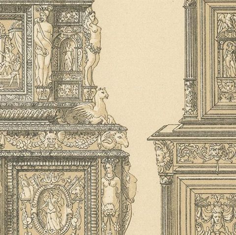 Pl. 74 Antique Print of European XVIth-XVIIth Furniture by Racinet 'circa 1880', close-up 2