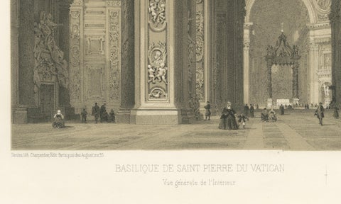 Interior of St. Peter’s Basilica Vatican Rome, Benoist Lithograph 1869, close-up 3
