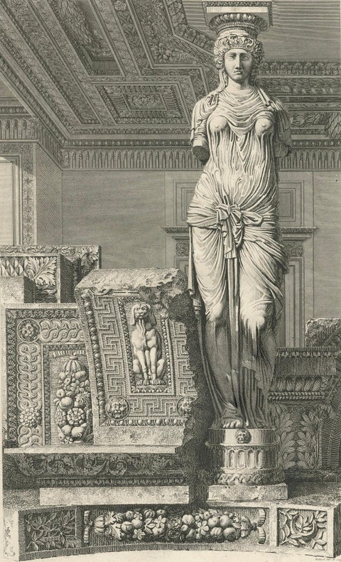 Architectural Engraving of a Caryatid, Cabinet d'Henri IV, by Baltard, ca.1800, close-up 2
