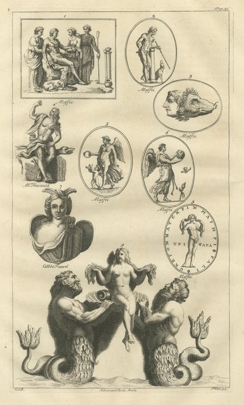 Classical Mythological Figures Engraving, Montfaucon Antiquité Expliquée 1721, close-up 1