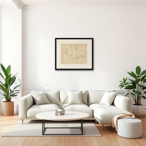Pl. 36 Antique Print of Furniture Details by Kramer, circa 1910, shown framed in a room, true to size
