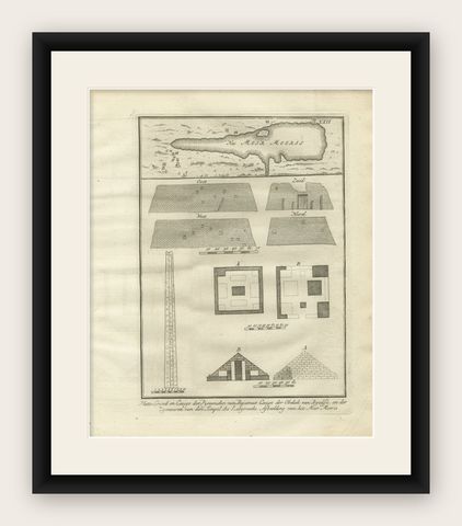 Pyramids of Biahmu, Obelisk of Biggig, and Lake Moeris, Egypt Engraving, 1776, shown framed
