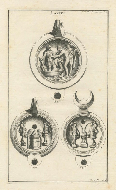 Ancient Lamps in Art: Montfaucon's 18th-Century Engravings, circa 1722, close-up 1