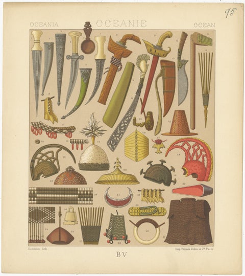 Pl. 95 Antique Print of Oceanian Decorative Objects by Racinet, 'circa 1880', view 3