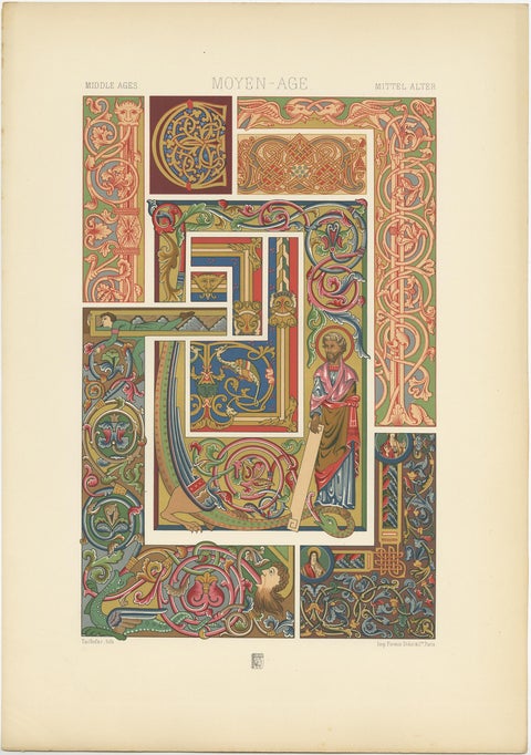 Pl. 51 Antique Print of Middle Ages Manuscripts Decoration by Racinet, view 3