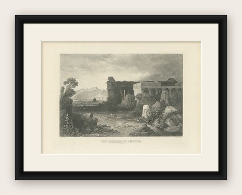 Antique Print of the Temples of Paestum by Brandard, c.1850, shown framed