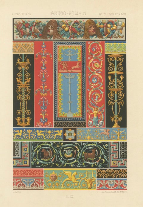 Greek-Roman Ornament Print, Classical Decorative Motifs & Borders, c.1869, close-up 6