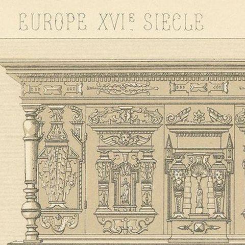 Pl. 47 Antique Print of European XVIth Century Decorative Objects by Racinet, close-up 1