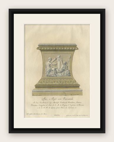 Rare Antique Engraving of a Large Ornamental Bacchic Altar or Pedestal, 1740, shown framed