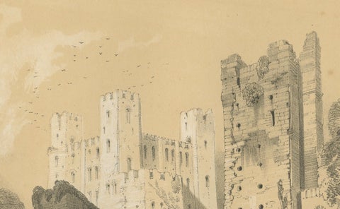 Old Print of an Idyllic Scene at the Historic Ruins of Rochester Castle, England, close-up 1