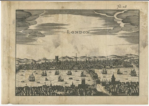 Antique Woodcut View of London, Thames River Panorama with London Bridge, c1650, close-up 1