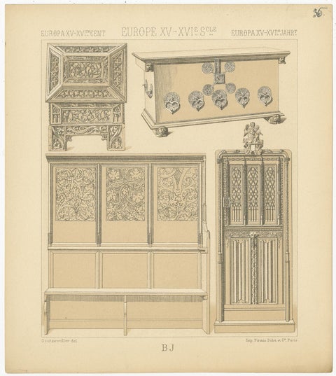 Pl 35 Antique Print of European 15th-16th Century Furniture by Racinet, view 2