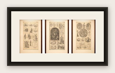 Classical Gods & Mythology, Set of 3 Antique Engravings, Montfaucon 1721, shown framed