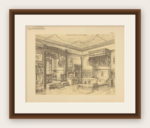 Pl. 6 Antique Print of a Bedroom with Bay Window by Kramer, circa 1910, shown framed