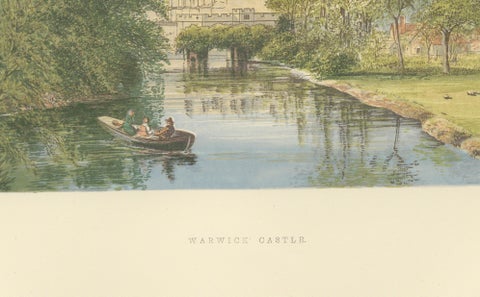 Warwick Castle River View, English Castle Landscape Engraving, c1850, close-up 3