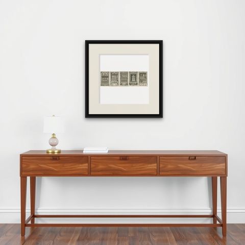 Exquisite 1740 Copperplate Engravings of English Monarchs' Tombs in Westminster, shown framed on a wall, true to size