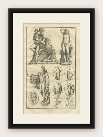 Classical Marble Statues, Apollo and Nude Figures, Montfaucon Antiquity, 1721, shown framed