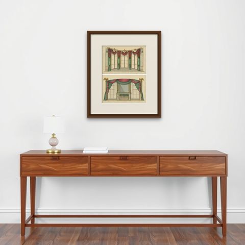 Set of 2 Antique Prints of Windows and Drapery by Sheraton '1805', shown framed on a wall, true to size