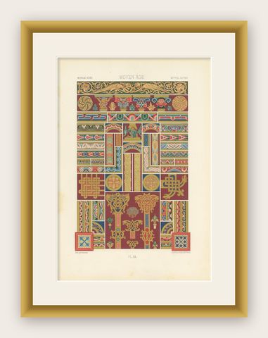 Pl. 40 Antique Print of Middle Ages Ornaments by Racinet, circa 1890, shown framed