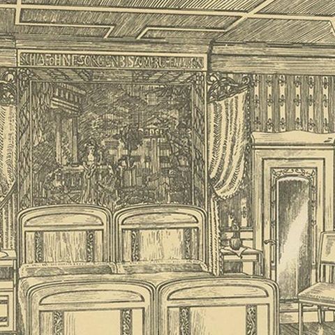 Decorative Antique Print of a Bedroom, Published circa 1910, close-up 2