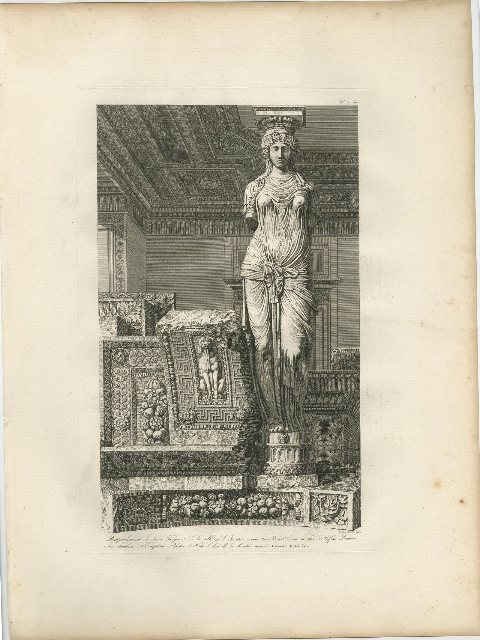 Antique Caryatid Sculpture of the Louvre Interior, Baltard Paris 1803