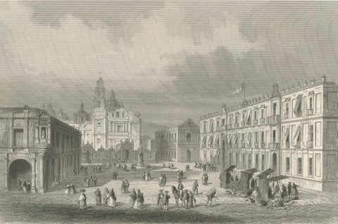 Plaza Santo Domingo Mexico City, Antique Architectural Engraving, 1867, close-up 2