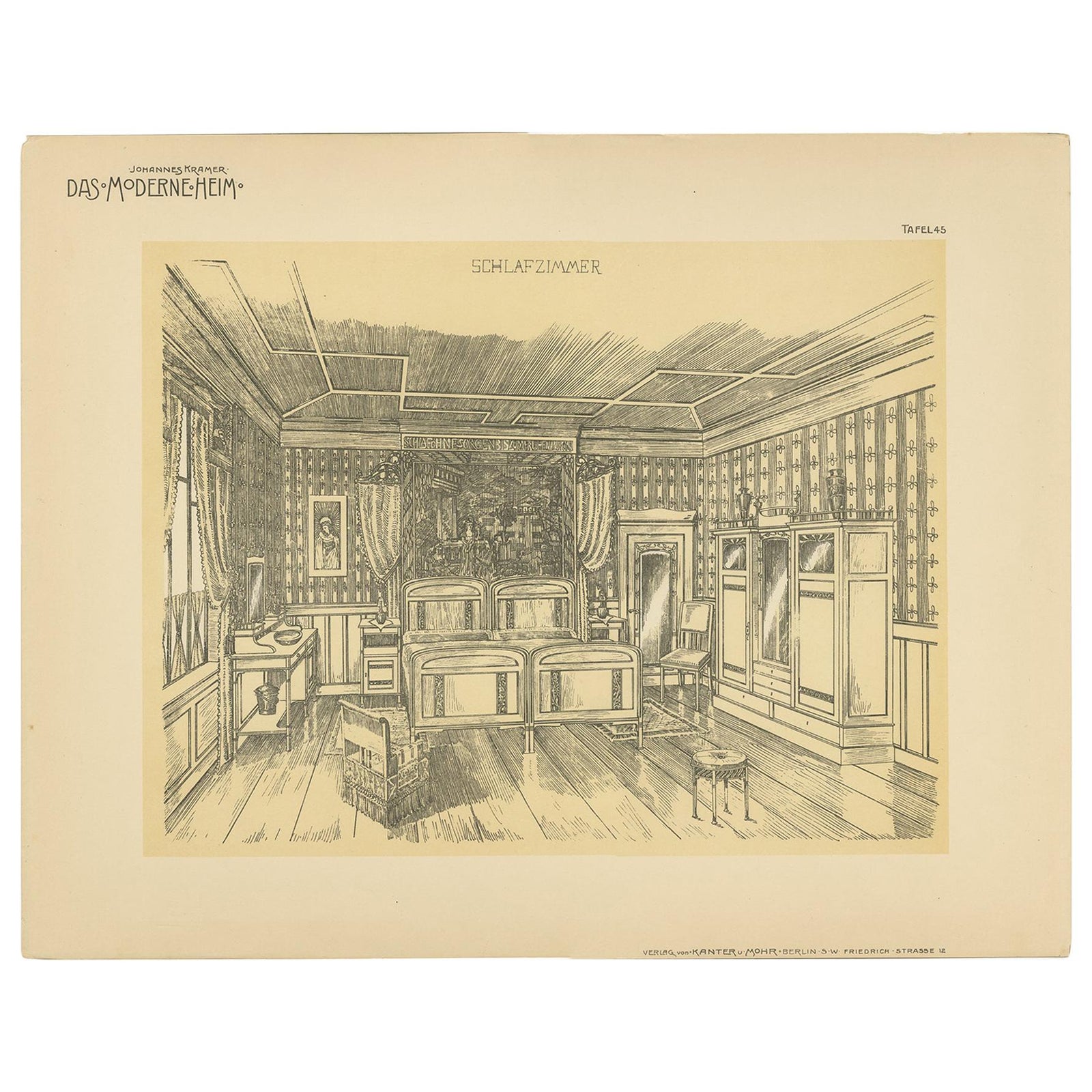Decorative Antique Print of a Bedroom, Published circa 1910