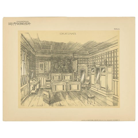 Decorative Antique Print of a Bedroom, Published circa 1910