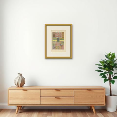 Pl. 3 Antique Print of Egyptian Painted Tomb Ceiling by Racinet, 'circa 1890', shown framed on a wall, true to size