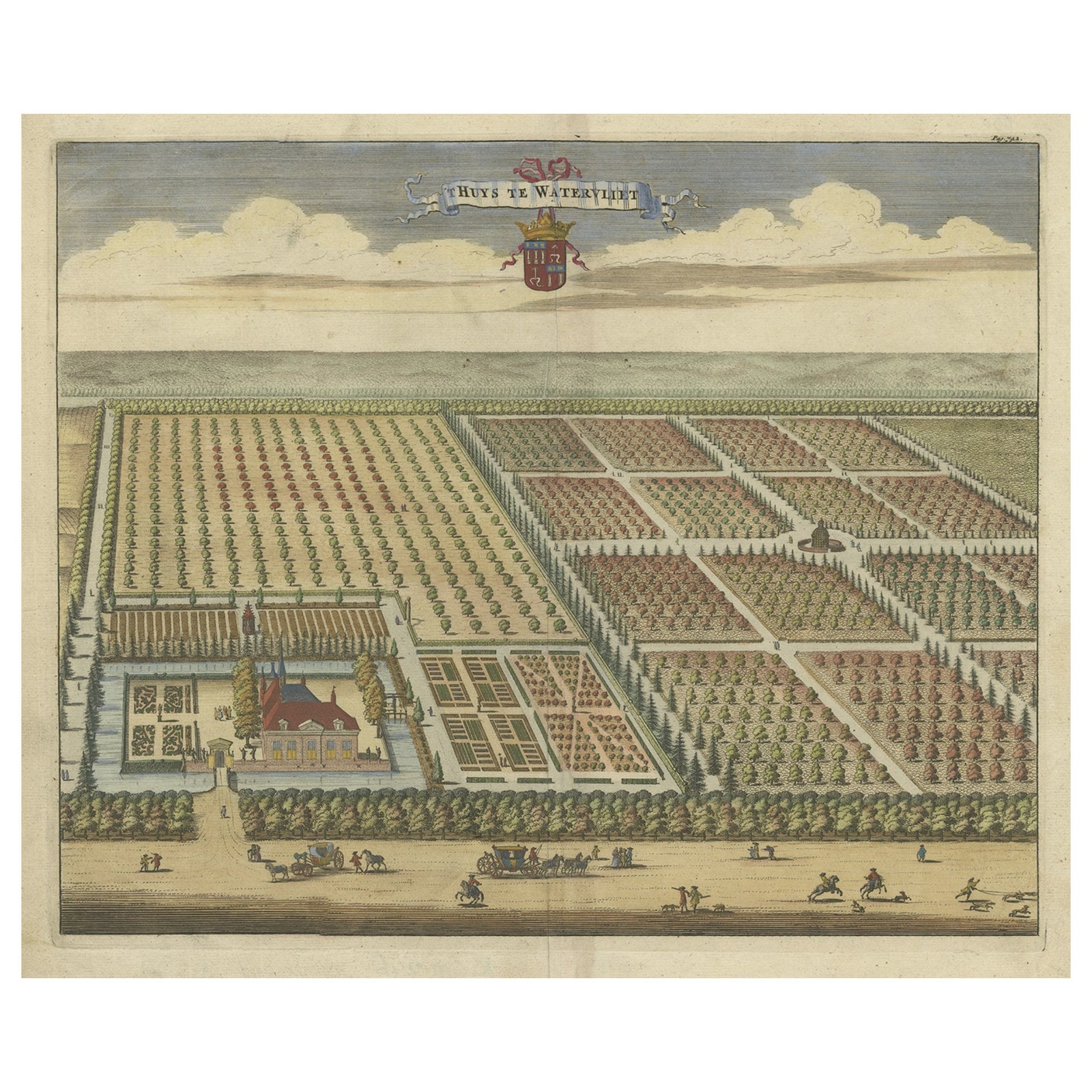 Old Handcolored Print of the Watervliet Estate in East Flanders, Belgium, 1696