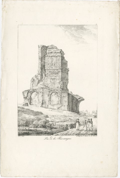 Roman Tower Ruins at Nîmes, Tour Magne Landscape Lithograph, France c.1818, view 2