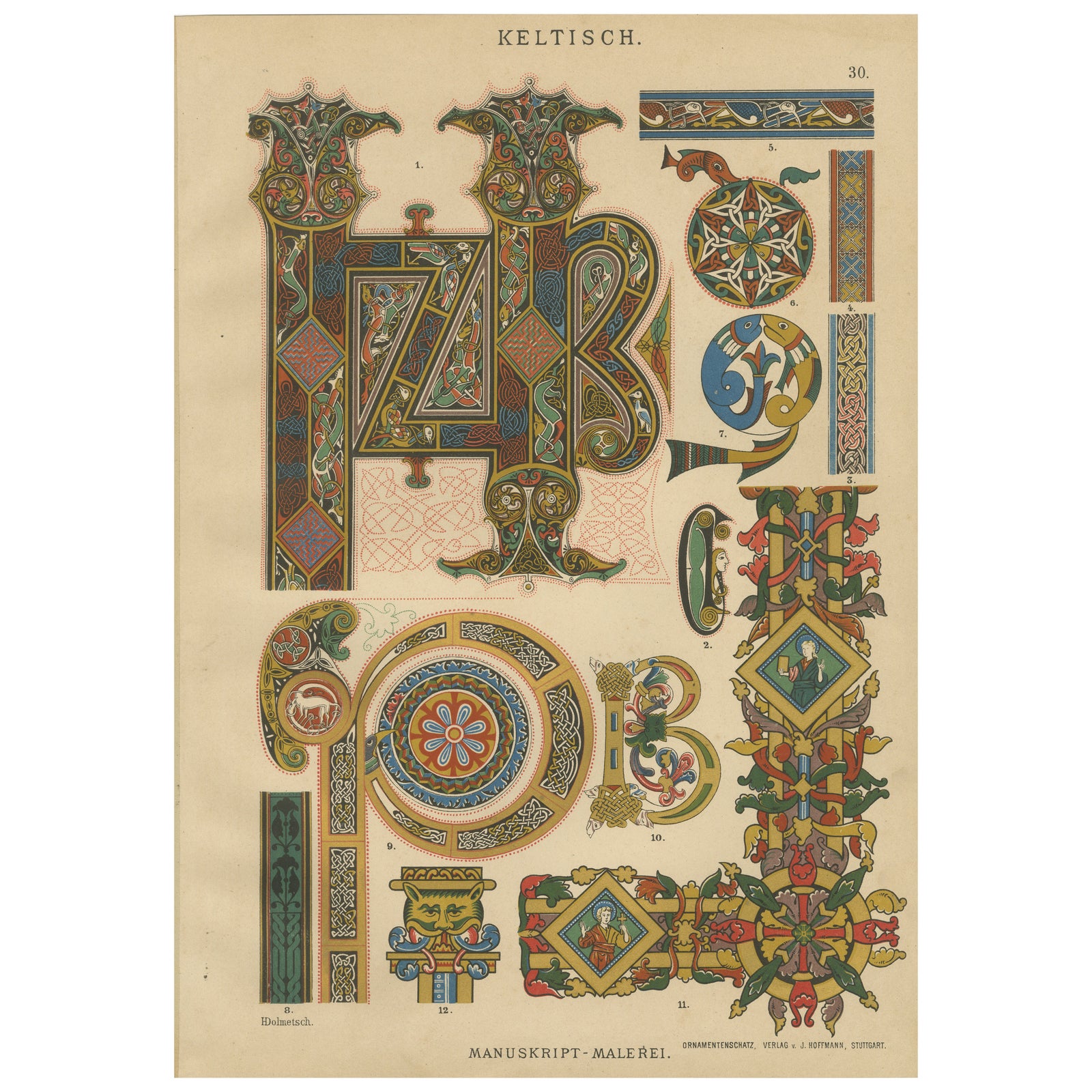 Celtic Manuscript Illumination Print by H. Dolmetsch, Germany ca. 1887