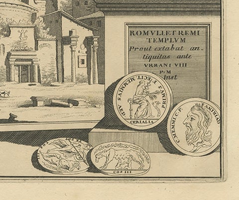 Antique Print of the Temple of Romulus in Rome, Italy C.1705, close-up 2