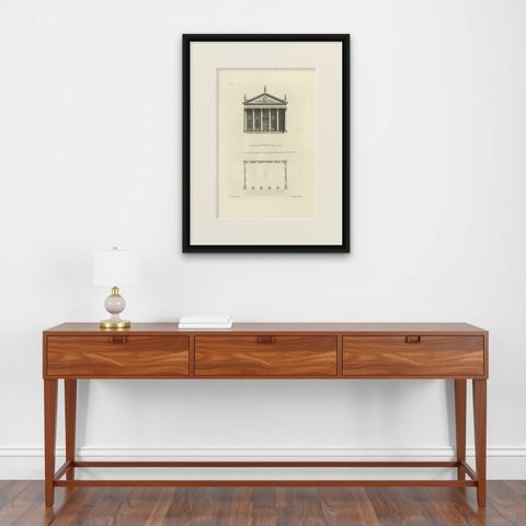 Antique Print of a Design for The Great Temple in Eastbury Park, England, 1725, shown framed on a wall, true to size