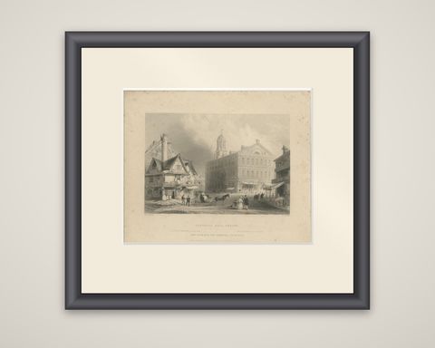 Antique Print of Faneuil Hall in Boston, circa 1860, shown framed