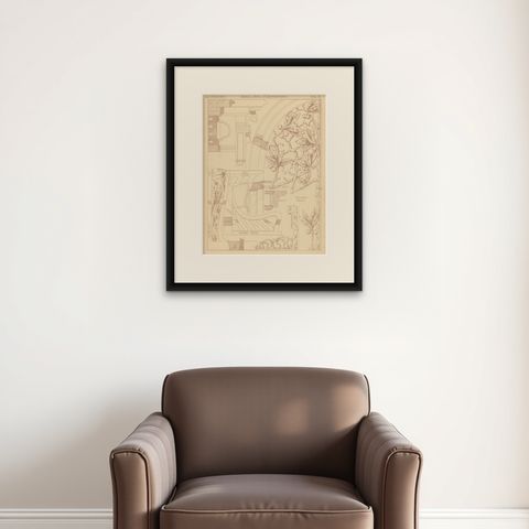 Pl 76 Antique Print of Furniture Details by Kramer, 'circa 1910', shown framed on a wall, true to size