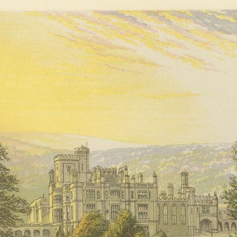 Ilam Hall Gothic Revival Estate View, English Country House Engraving, c.1850, close-up 4