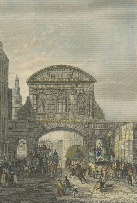 1829 Etching of Temple Bar in Bustling Regency London, close-up 6