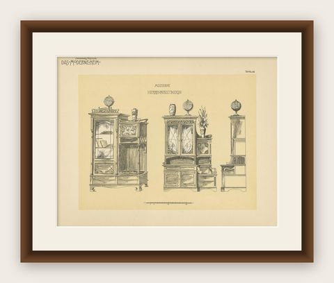 Pl. 66 Antique Print of Library Furniture by Kramer, circa 1910, shown framed