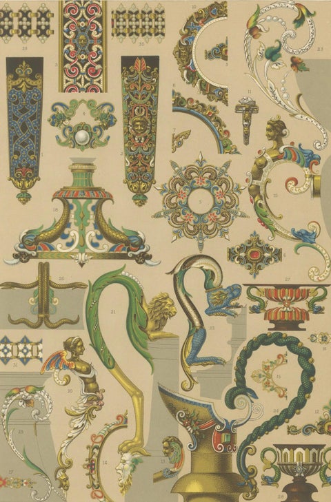 Baroque Ornament Details, 16th & 17th Century Design Elements, Plate LXII, 1869, close-up 6
