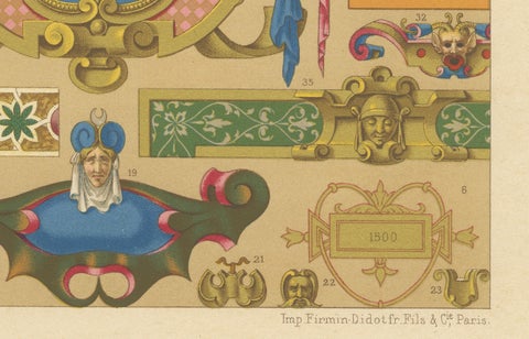 Renaissance Decorative Cartouches & Motifs, Antique Lithograph, ca.1869, close-up 3