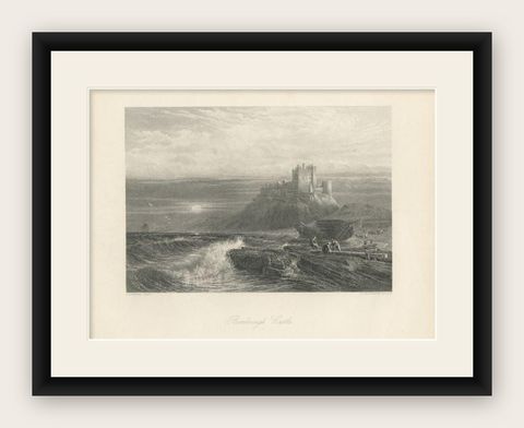 Antique Print of Bamburgh Castle in England, c.1875, shown framed
