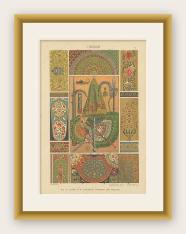 Exquisite Indian Ornamental Art from Dolmetsch's 1887 Collection, shown framed
