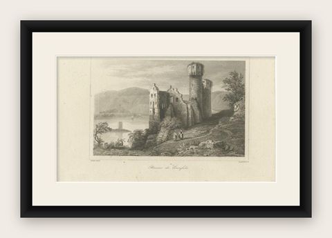 Old Print of Ehrenfels Castle, Near Rüdesheim Am Rhein in Hesse, Germany, shown framed