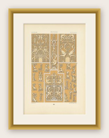 Pl. 65 Antique Print of Russian Ornaments from 14th Century by Racinet, shown framed