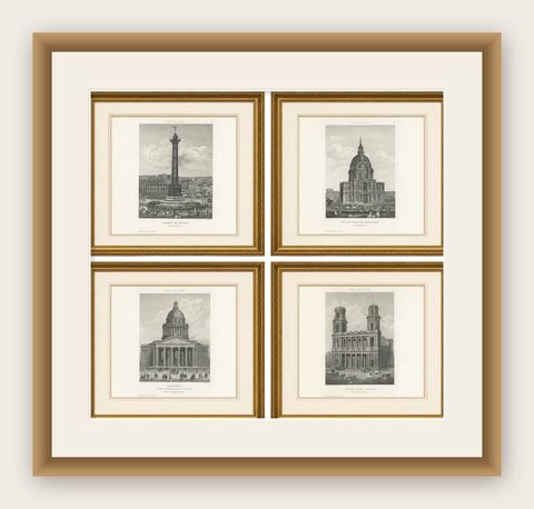 Antique Paris Monuments Set of 4, Pantheon Invalides Bastille Sulpice, c.1855, shown framed
