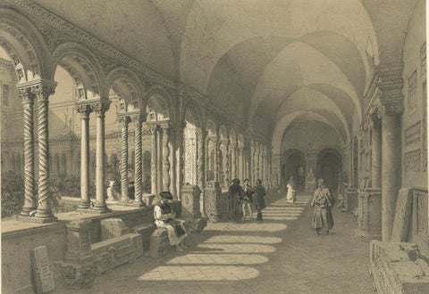 Cloister of San Paolo fuori le Mura, Rome, Antique Architectural Print 1869, close-up 2