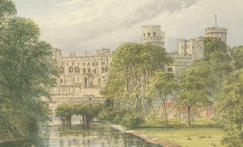 Warwick Castle River View, English Castle Landscape Engraving, c1850, close-up 2