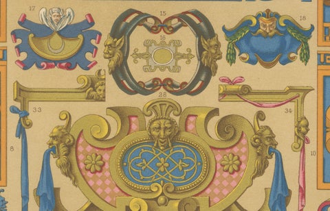 Renaissance Decorative Cartouches & Motifs, Antique Lithograph, ca.1869, close-up 5